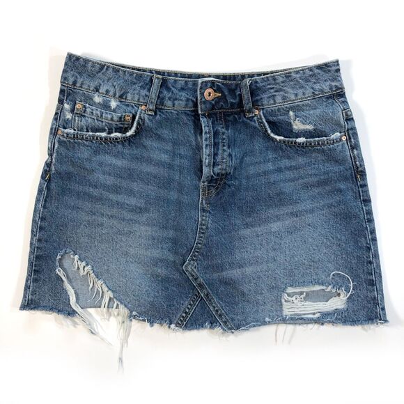 Zara Basic Medium Denim Skirt Frayed Button Fly - Picture 1 of 4